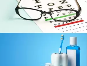 A split image showing glasses on an eye exam chart, and a set of dental hygiene supplies