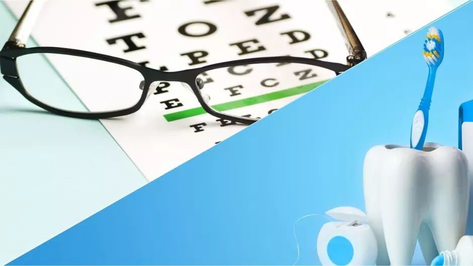 A split image showing glasses on an eye exam chart, and a set of dental hygiene supplies