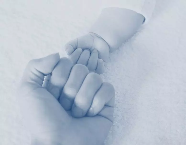 The hands of a newborn child and a parent touching one another