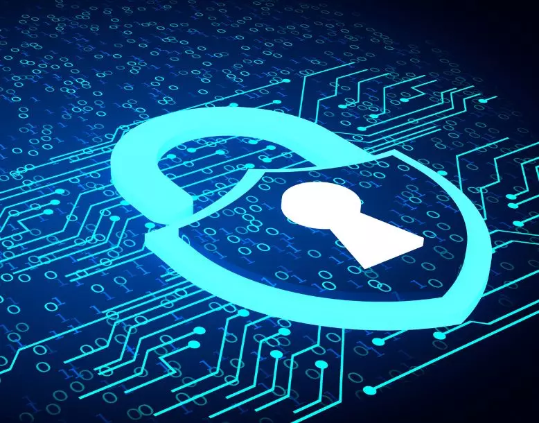 A digital cybersecurity lock icon